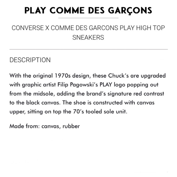 CONVERSE X Comme des Garçons PLAY High Top Chuck 70 Unisex Sneakers Women’s 7 - Picture 16 of 16